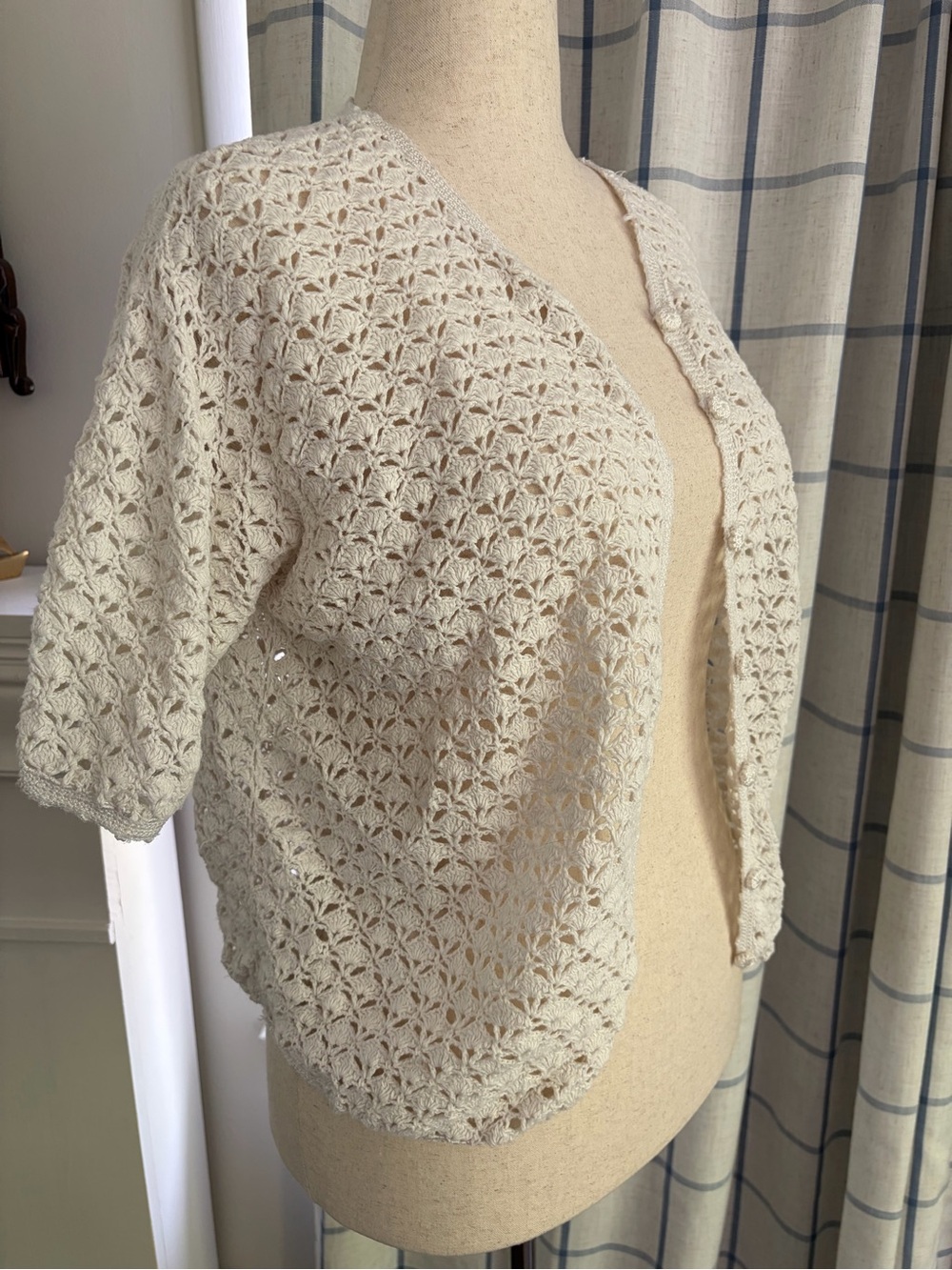 Vintage Crocheted Button Front Short Sleeve Boho Cardigan